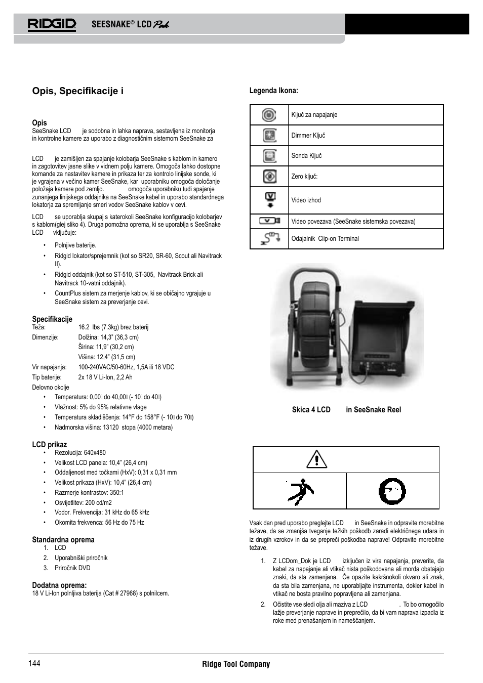 Opis, specifikacije i standardna oprema, Pregled stroja, Seesnake | RIDGID Seesnake LCD Pak User Manual | Page 146 / 164