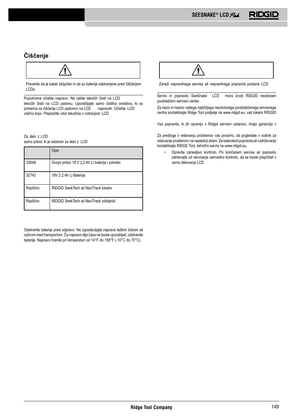 Čiščenje, Pribori, Servisiranje in popravilo | RIDGID Seesnake LCD Pak User Manual | Page 151 / 164