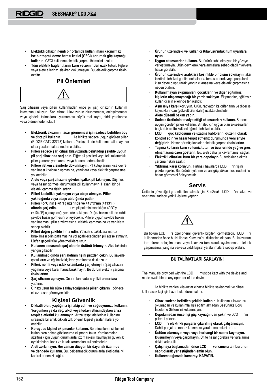 Pil önlemleri, Kişisel güvenlik, Servis | Özel güvenlik bilgileri, Seesnake | RIDGID Seesnake LCD Pak User Manual | Page 154 / 164