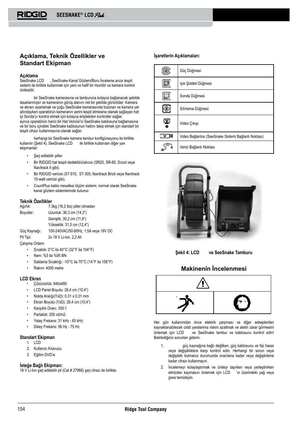 Açıklama, teknik özellikler ve standart ekipman, Makinenin incelenmesi, Seesnake | RIDGID Seesnake LCD Pak User Manual | Page 156 / 164