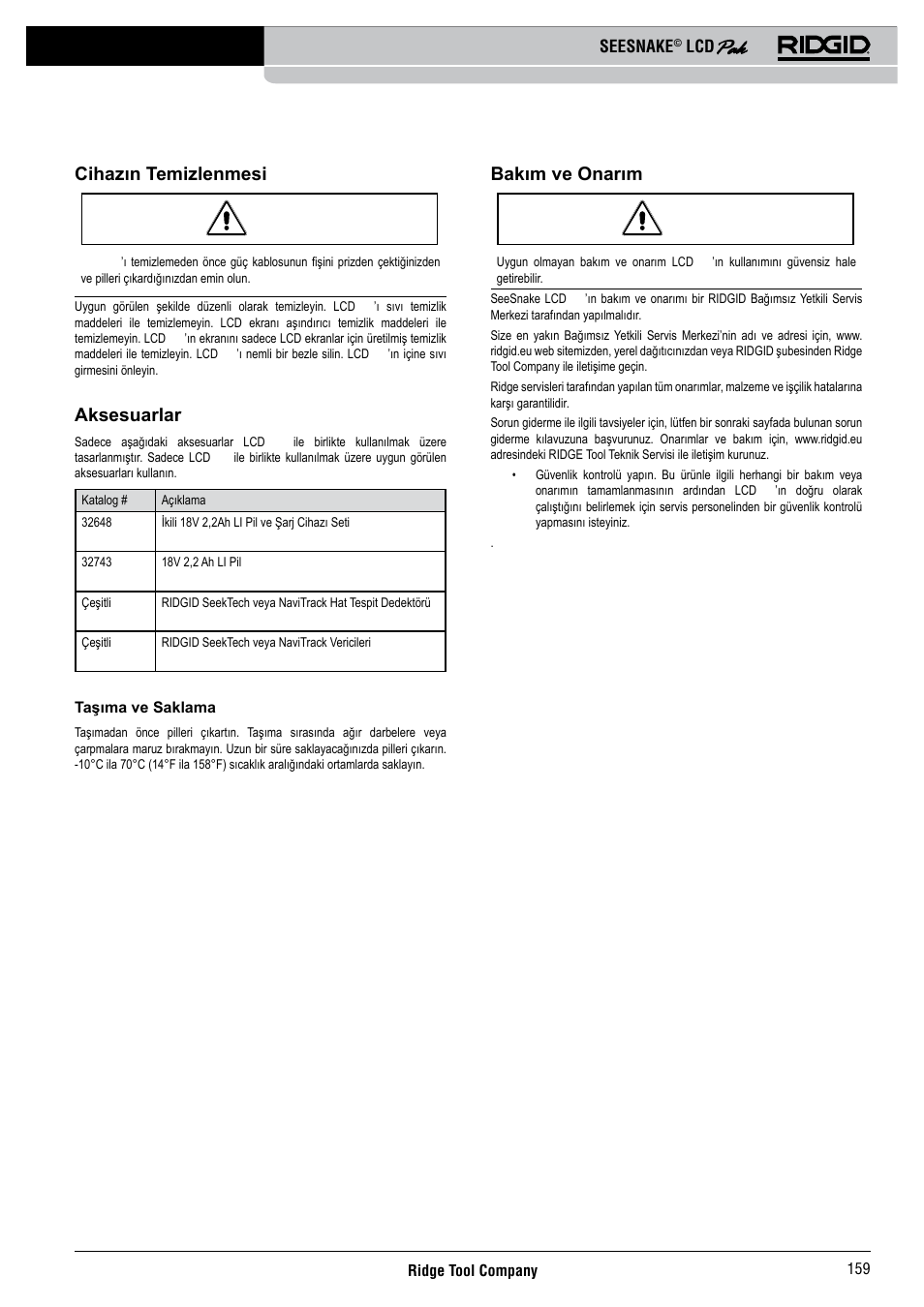 Cihazın temizlenmesi, Aksesuarlar, Bakım ve onarım | Seesnake | RIDGID Seesnake LCD Pak User Manual | Page 161 / 164
