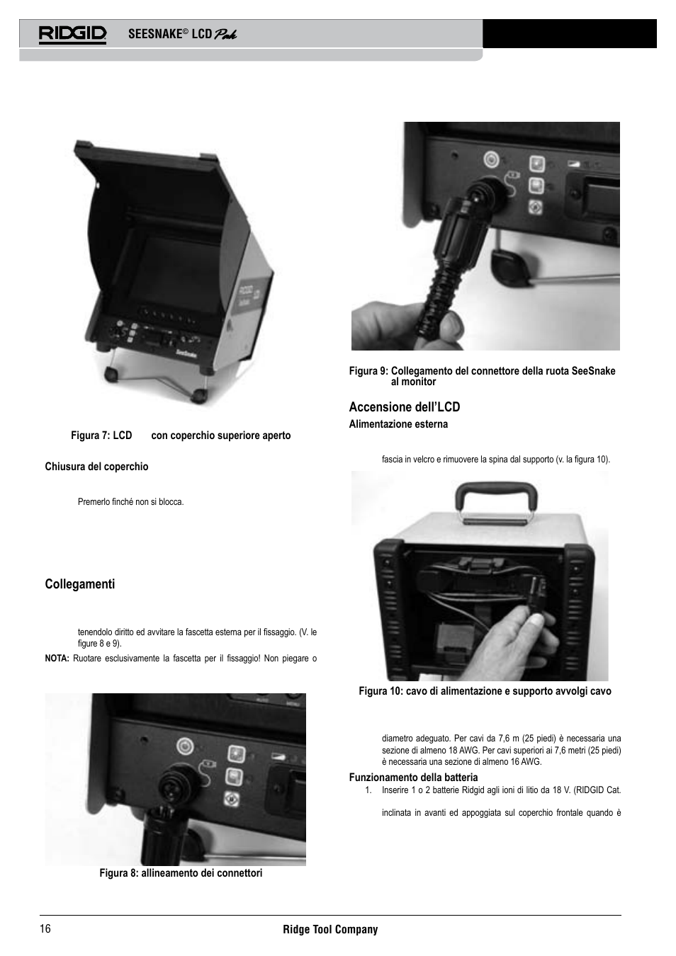 Collegamenti, Accensione dell’lcd pak, Seesnake | RIDGID Seesnake LCD Pak User Manual | Page 18 / 164