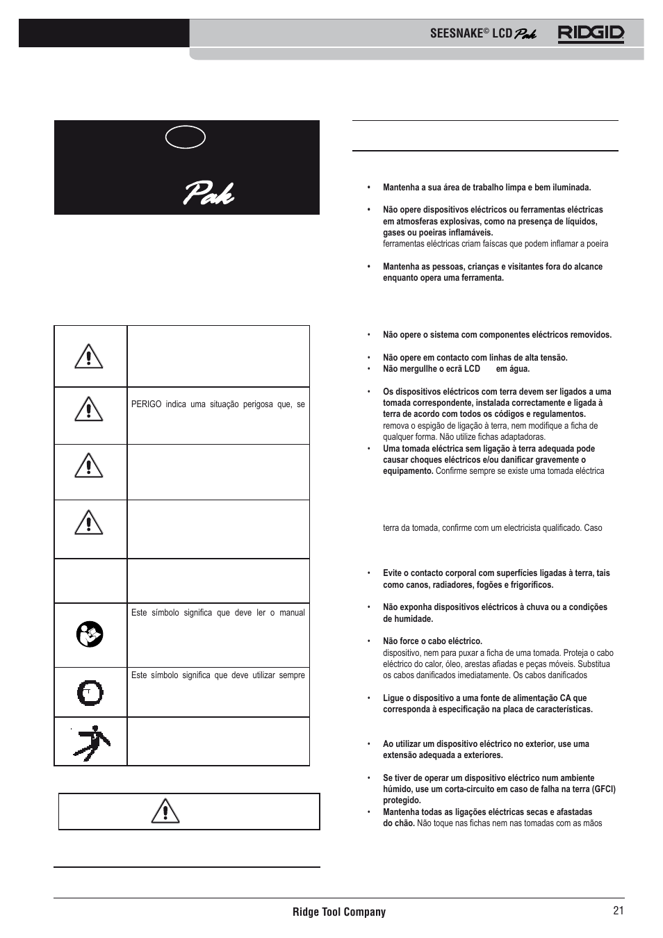 Seesnake, Segurança da área de trabalho, Segurança no manejo de electricidade | Símbolos de segurança, Informações gerais de segurança | RIDGID Seesnake LCD Pak User Manual | Page 23 / 164