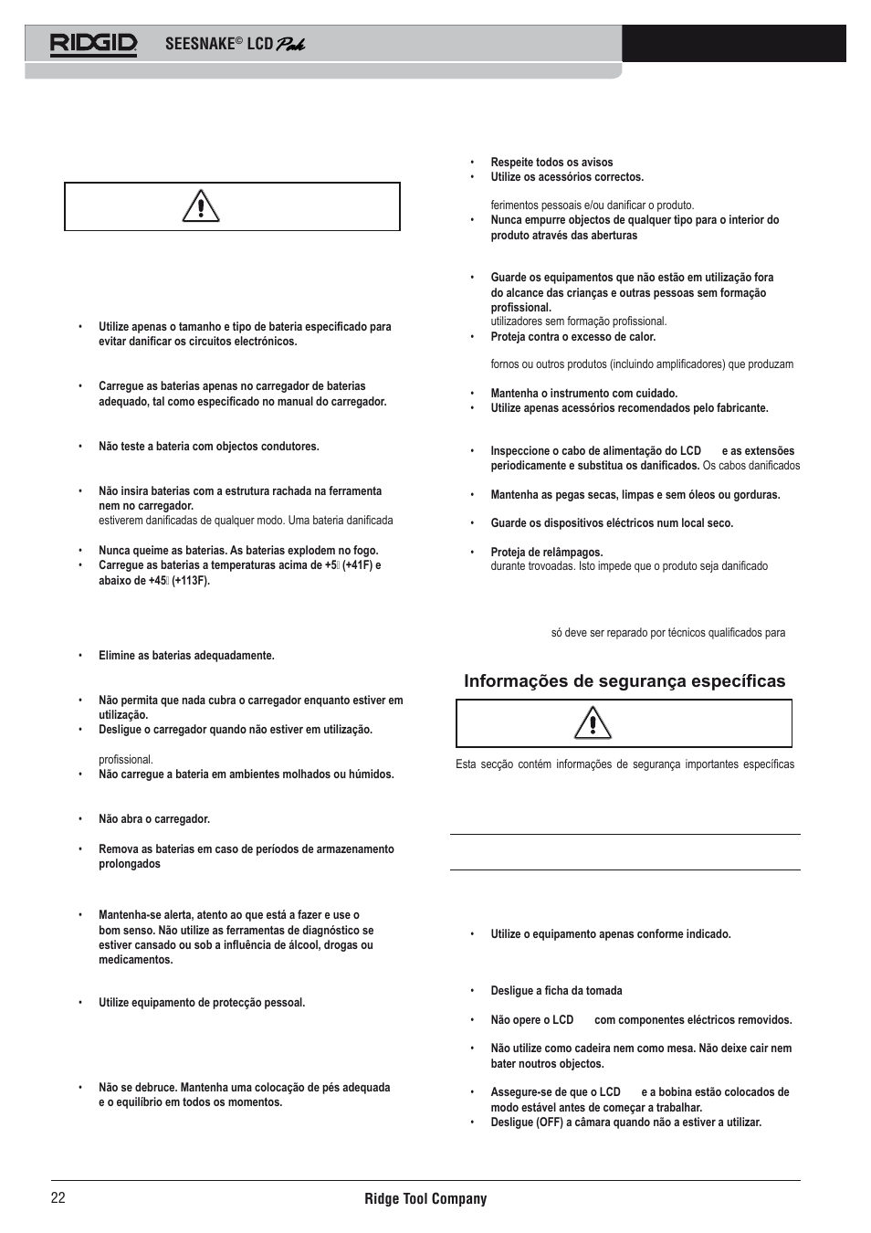 Cuidados com a bateria, Segurança pessoal, Revisão / reparações | Informações de segurança específicas, Seesnake | RIDGID Seesnake LCD Pak User Manual | Page 24 / 164