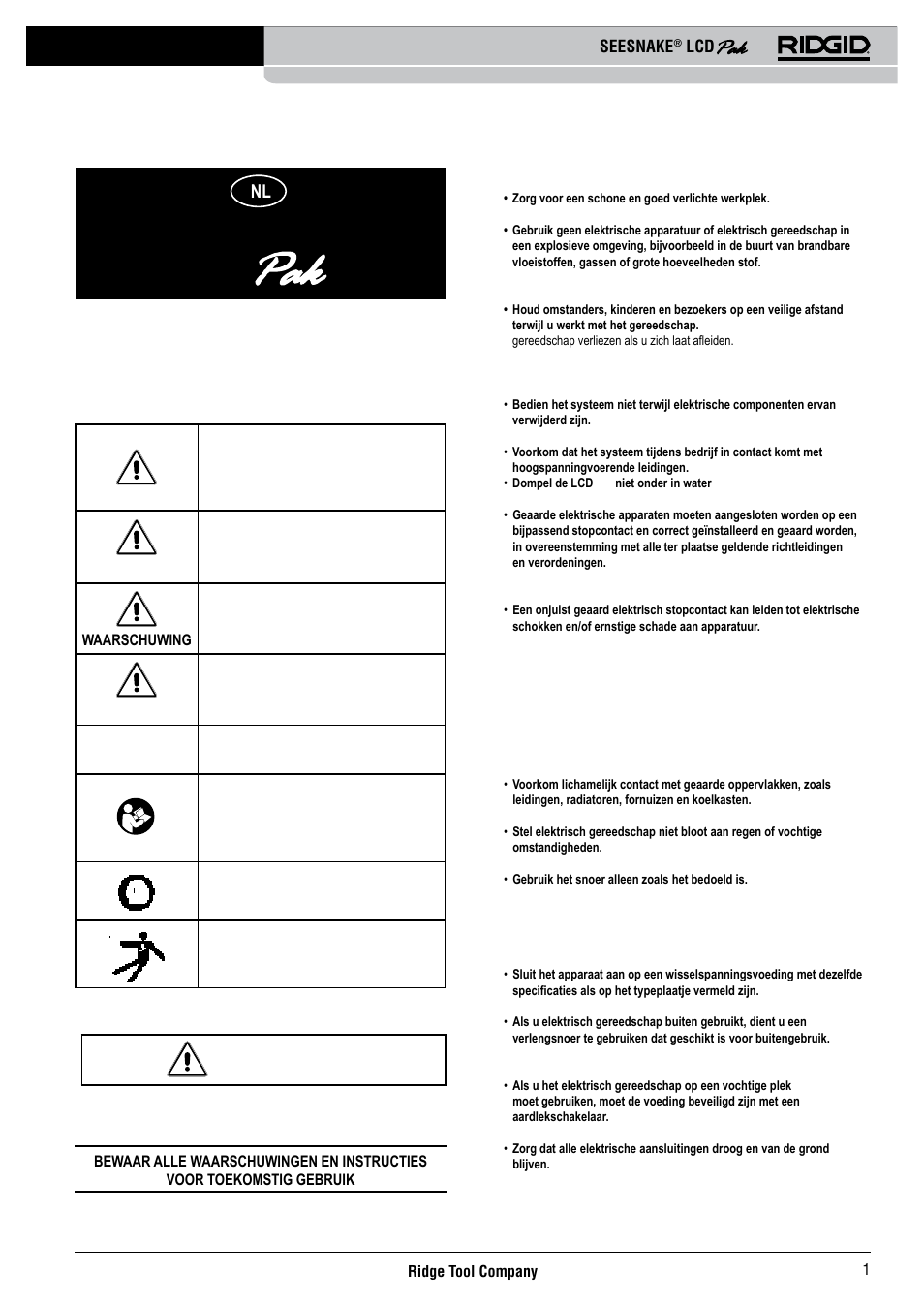 Seesnake, Veiligheid op de werkplaats, Elektrische veiligheid | Veiligheidssymbolen, Algemene veiligheidsinformatie | RIDGID Seesnake LCD Pak User Manual | Page 3 / 164