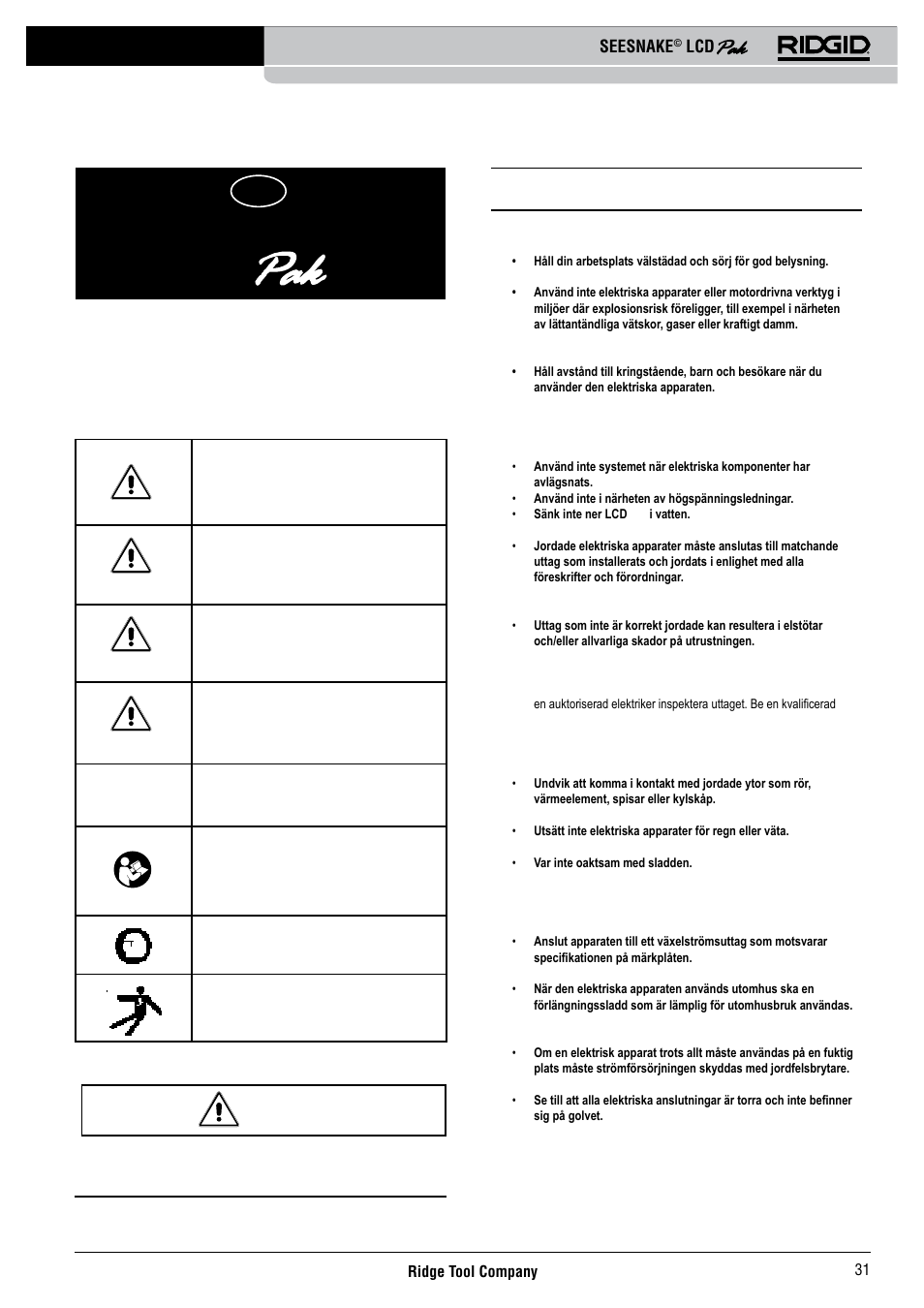 Seesnake, Säkerhet på arbetsplatsen, Elektriska säkerhetsförskrifter | Säkerhetssymboler, Allmän säkerhetsinformation | RIDGID Seesnake LCD Pak User Manual | Page 33 / 164