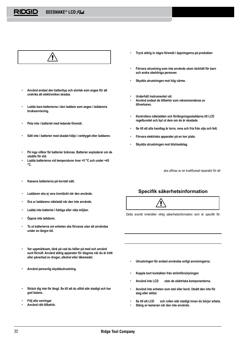 Säkerhetsföreskrifter för batterier, Personlig säkerhet, Service | Specifik säkerhetsinformation, Seesnake | RIDGID Seesnake LCD Pak User Manual | Page 34 / 164
