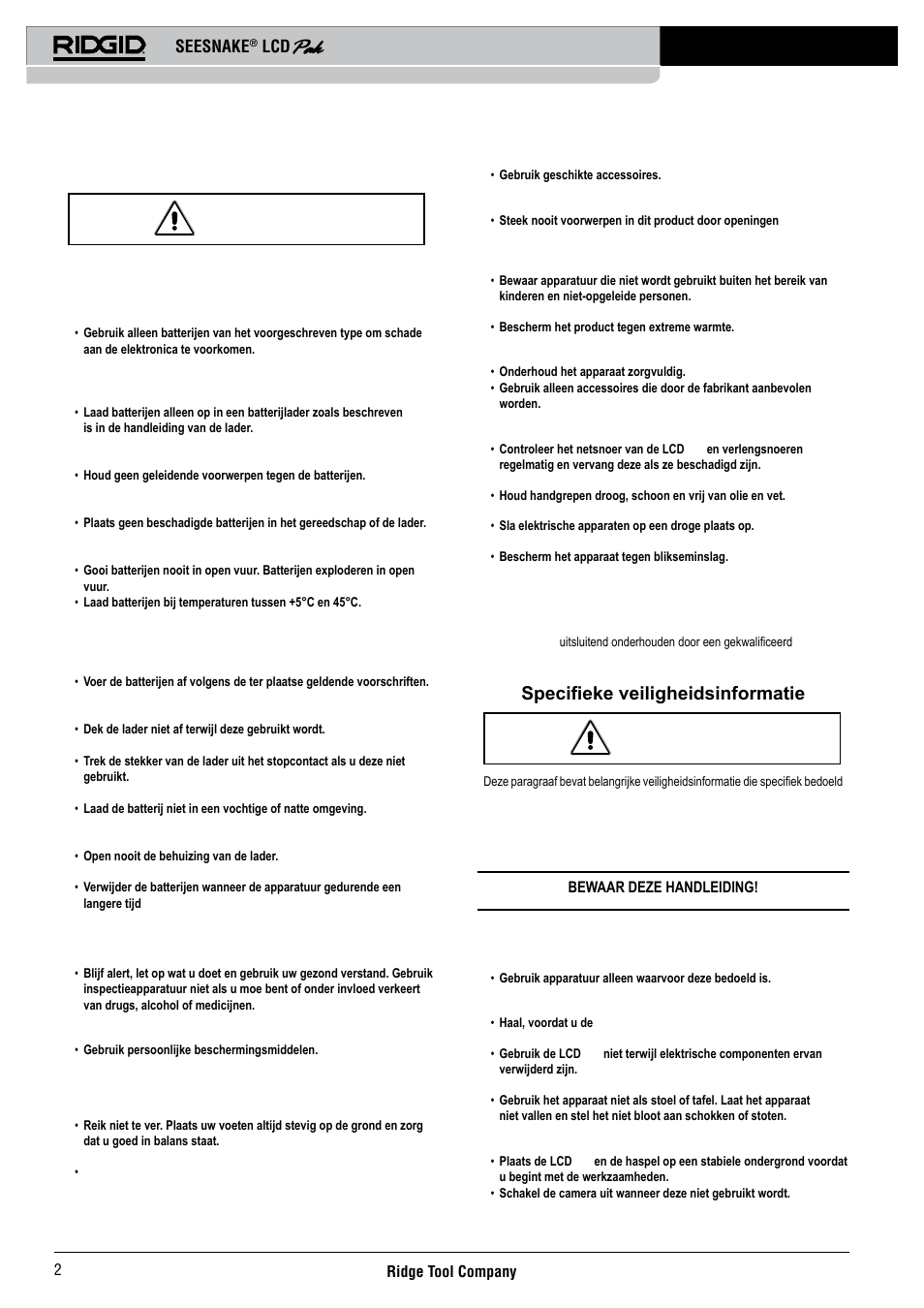 Voorzorgsmaatregelen voor batterijen, Persoonlijke veiligheid, Service | Specifieke veiligheidsinformatie, Seesnake | RIDGID Seesnake LCD Pak User Manual | Page 4 / 164