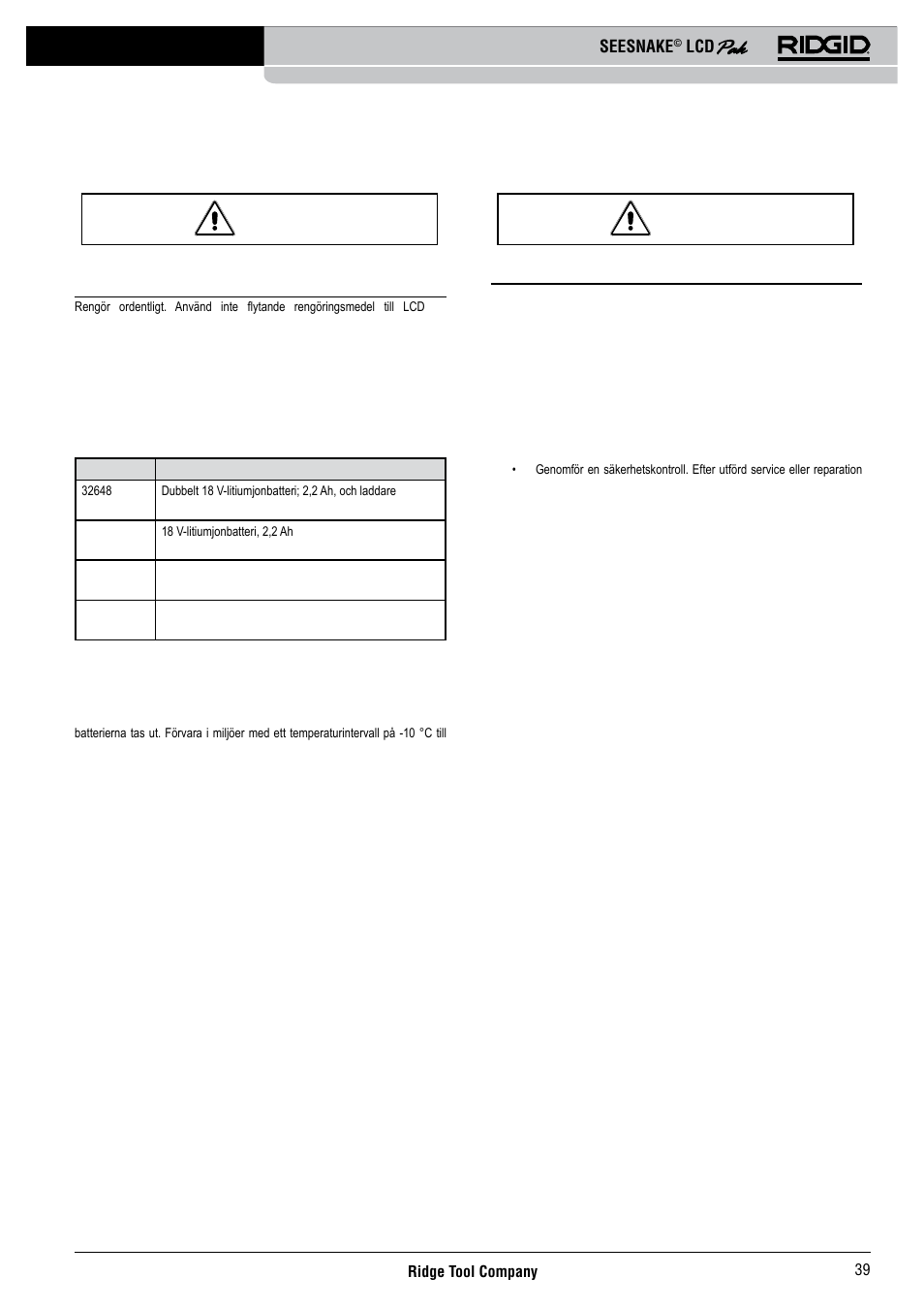 Rengöring, Tillbehör, Service och reparation | RIDGID Seesnake LCD Pak User Manual | Page 41 / 164