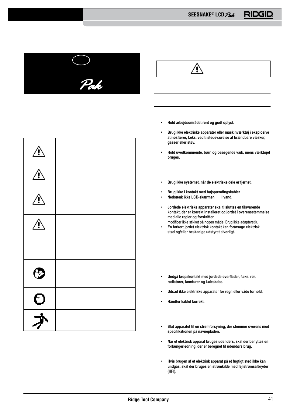 Seesnake, Generelle sikkerhedsoplysninger, Sikkerhed på arbejdsområdet | Elektrisk sikkerhed, Sikkerhedssymboler | RIDGID Seesnake LCD Pak User Manual | Page 43 / 164