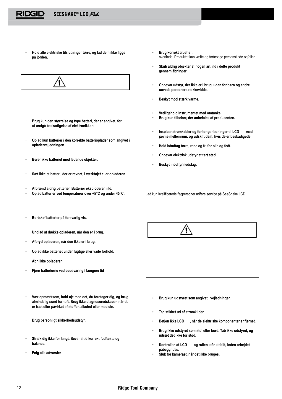 Batteriforanstaltninger, Personsikkerhed, Service | Særlige sikkerhedsoplysninger, Seesnake | RIDGID Seesnake LCD Pak User Manual | Page 44 / 164