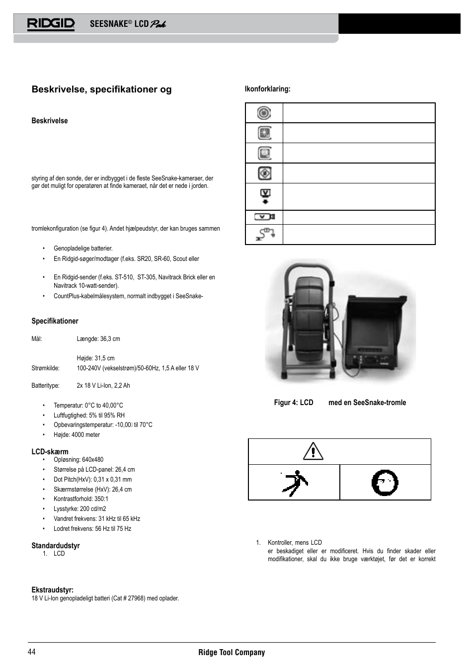 Beskrivelse, specifikationer og standardudstyr, Maskinkontrol, Seesnake | RIDGID Seesnake LCD Pak User Manual | Page 46 / 164