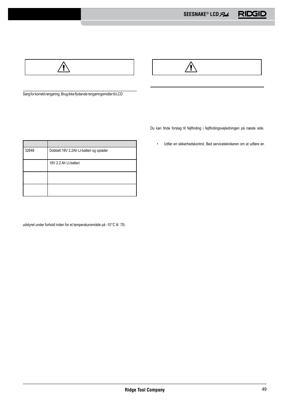 Rengøring, Tilbehør, Service og reparation | RIDGID Seesnake LCD Pak User Manual | Page 51 / 164