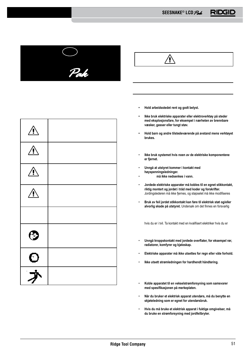 Seesnake, Generell sikkerhetsinformasjon, Sikkerhet på arbeidsstedet | Elektrisk sikkerhet, Sikkerhetssymboler | RIDGID Seesnake LCD Pak User Manual | Page 53 / 164