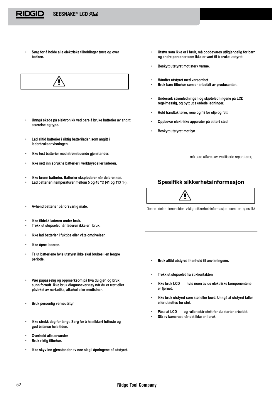 Forholdsregler for batteri, Personlig sikkerhet, Service | Spesifikk sikkerhetsinformasjon, Seesnake | RIDGID Seesnake LCD Pak User Manual | Page 54 / 164