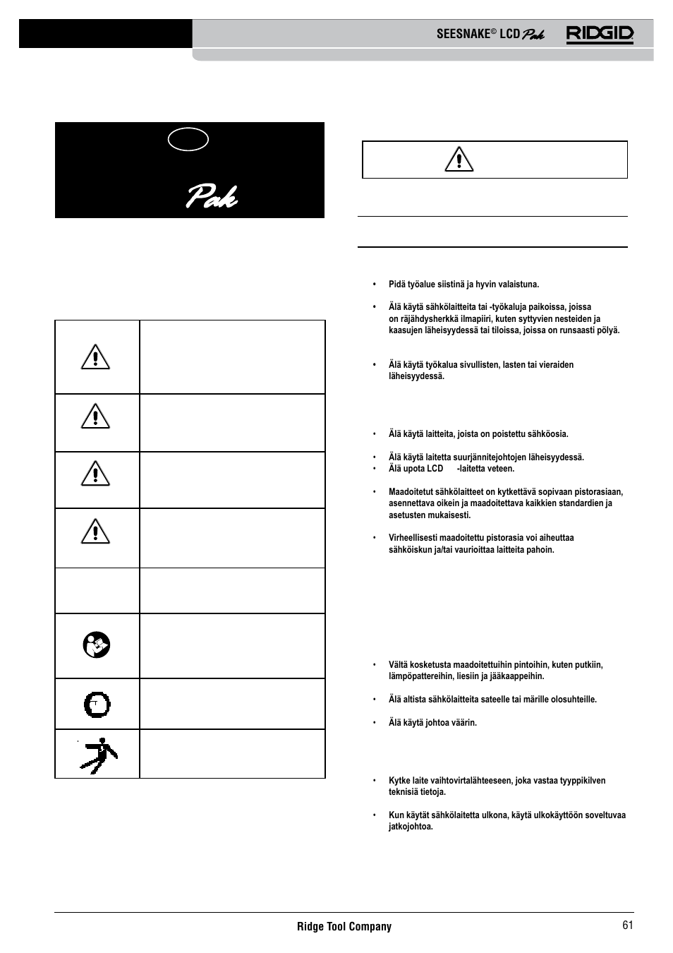 Seesnake, Yleisiä turvallisuustietoja, Työalueen turvallisuus | Sähköturvallisuus, Turvallisuussymbolit | RIDGID Seesnake LCD Pak User Manual | Page 63 / 164