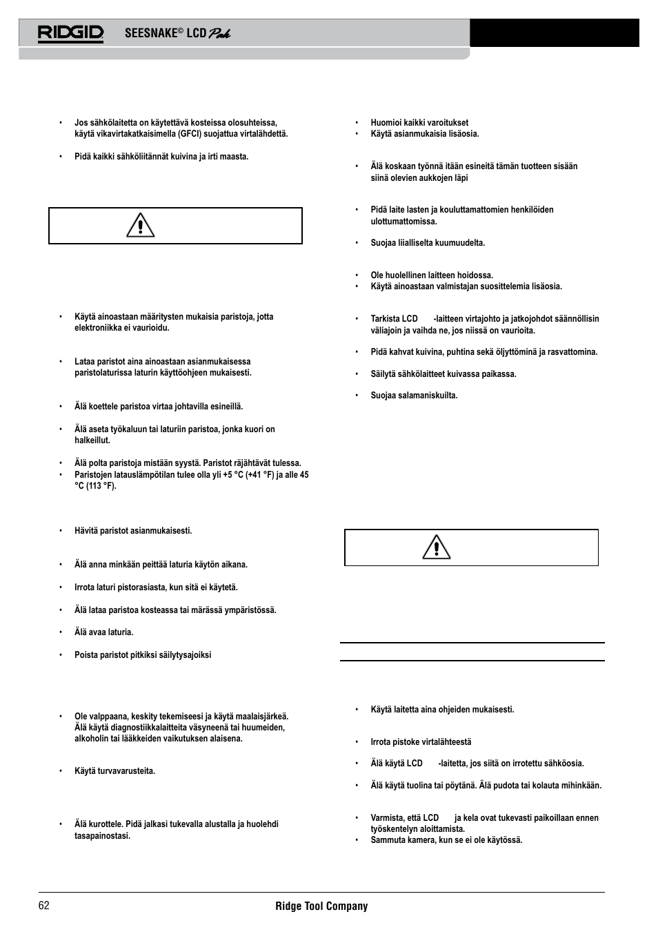 Paristoon liittyvät varotoimet, Henkilöturvallisuus, Huolto | Erityisiä turvallisuustietoja, Seesnake | RIDGID Seesnake LCD Pak User Manual | Page 64 / 164