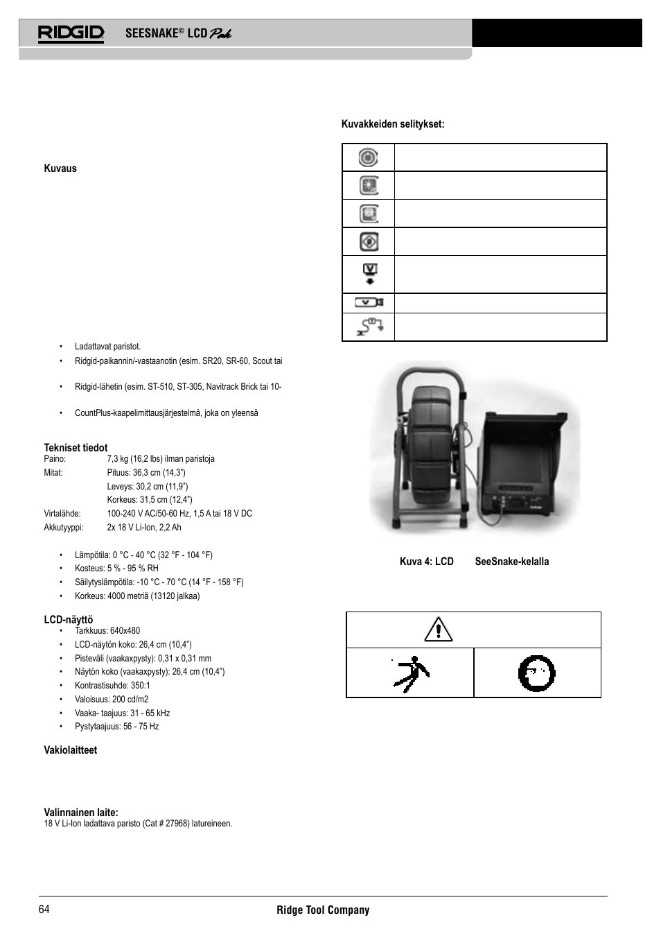 Kuvaus, tekniset tiedot ja vakiolaitteet, Koneen tarkastus, Seesnake | RIDGID Seesnake LCD Pak User Manual | Page 66 / 164