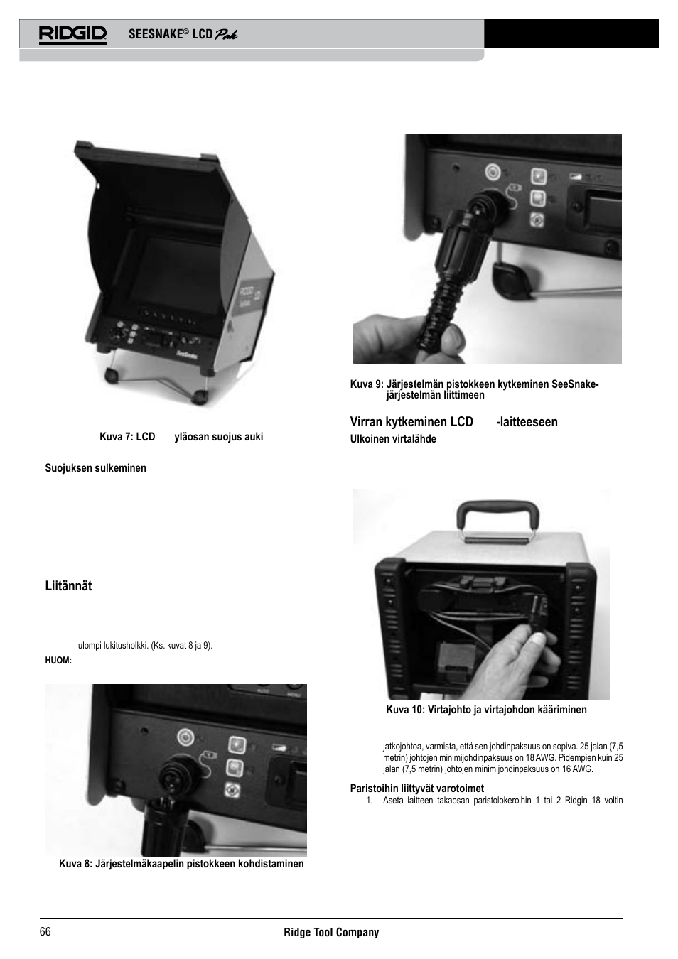 Liitännät, Virran kytkeminen lcd pak -laitteeseen, Seesnake | RIDGID Seesnake LCD Pak User Manual | Page 68 / 164