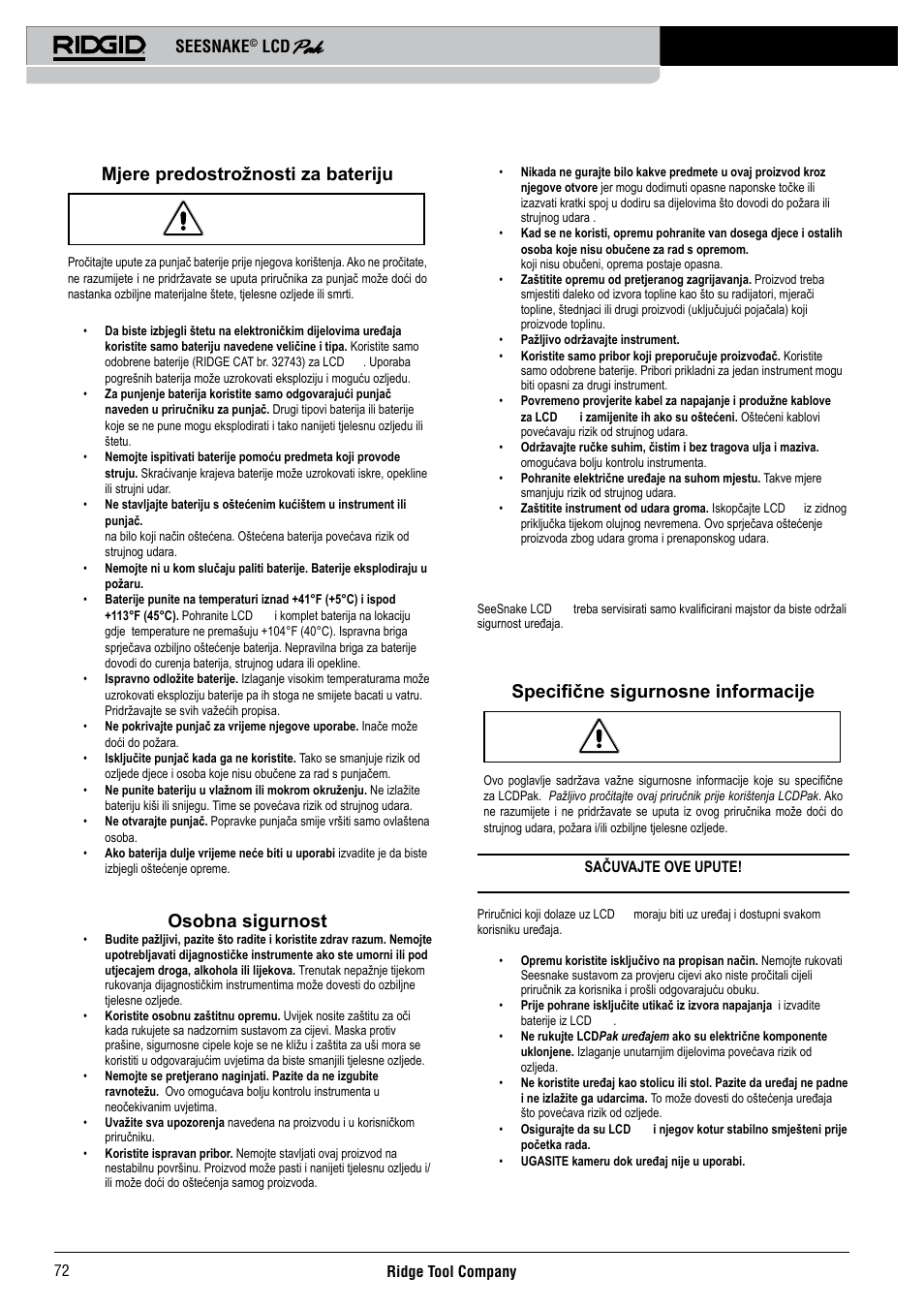 Mjere predostrožnosti za bateriju, Osobna sigurnost, Servis | Specifične sigurnosne informacije, Seesnake | RIDGID Seesnake LCD Pak User Manual | Page 74 / 164