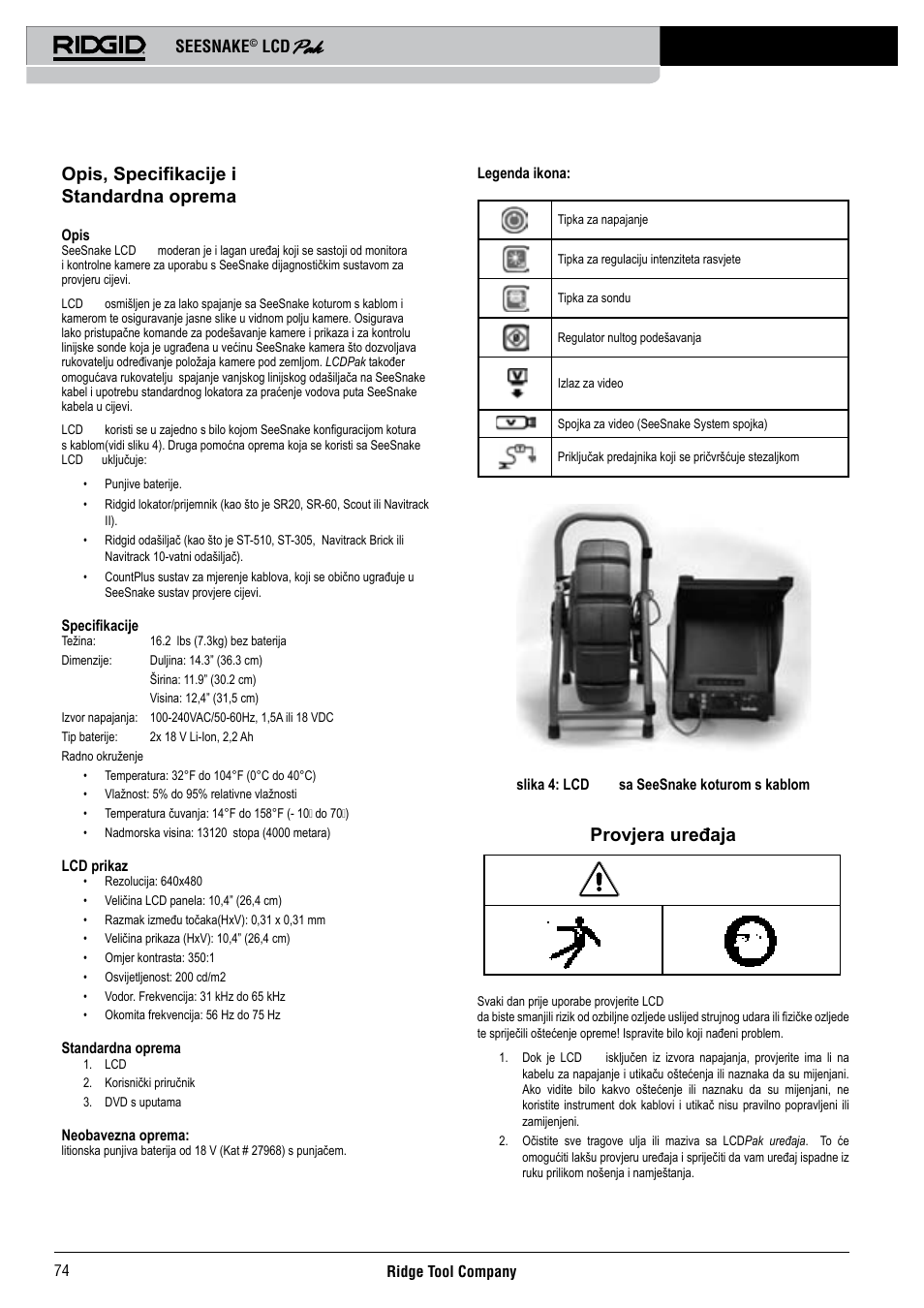 Opis, specifikacije i standardna oprema, Provjera uređaja, Seesnake | RIDGID Seesnake LCD Pak User Manual | Page 76 / 164