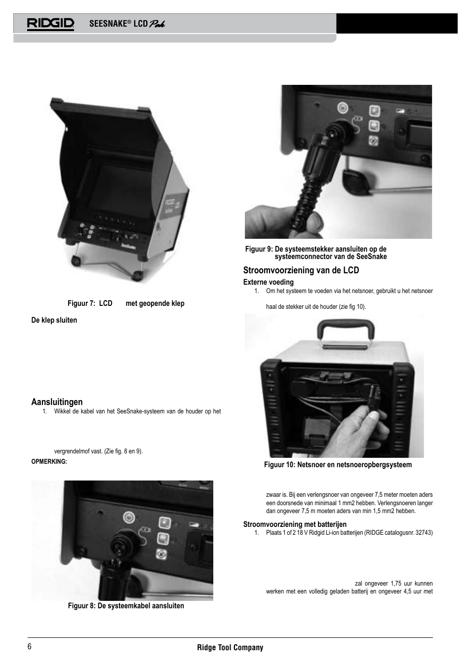 Aansluitingen, Stroomvoorziening van de lcd pak, Seesnake | RIDGID Seesnake LCD Pak User Manual | Page 8 / 164