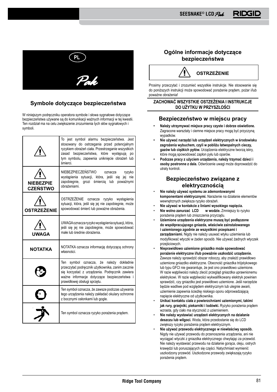 Seesnake, Ogólne informacje dotyczące bezpieczeństwa, Bezpieczeństwo w miejscu pracy | Bezpieczeństwo związane z elektrycznością, Symbole dotyczące bezpieczeństwa | RIDGID Seesnake LCD Pak User Manual | Page 83 / 164
