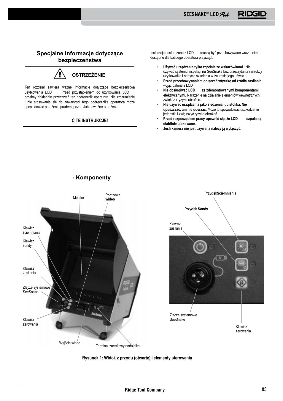 Specjalne informacje dotyczące bezpieczeństwa, Lcd pak - komponenty, Seesnake | RIDGID Seesnake LCD Pak User Manual | Page 85 / 164