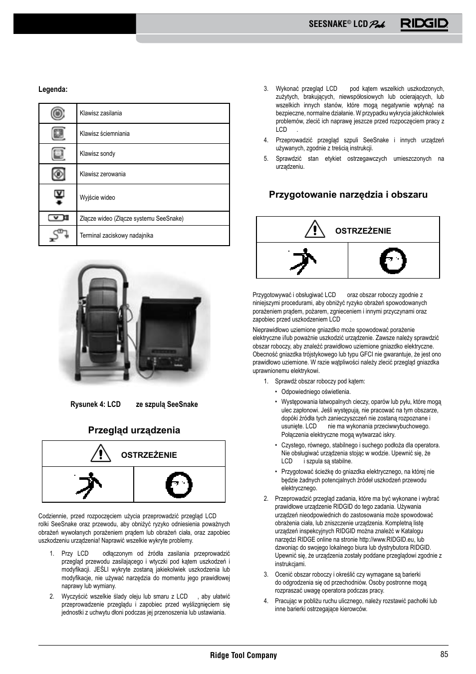 Przegląd urządzenia, Przygotowanie narzędzia i obszaru roboczego, Seesnake | RIDGID Seesnake LCD Pak User Manual | Page 87 / 164