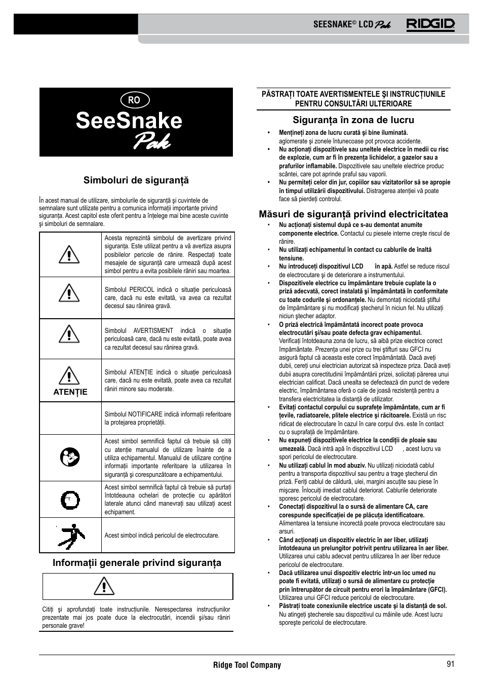 Seesnake, Siguranţa în zona de lucru, Măsuri de siguranţă privind electricitatea | Simboluri de siguranţă, Informaţii generale privind siguranţa | RIDGID Seesnake LCD Pak User Manual | Page 93 / 164