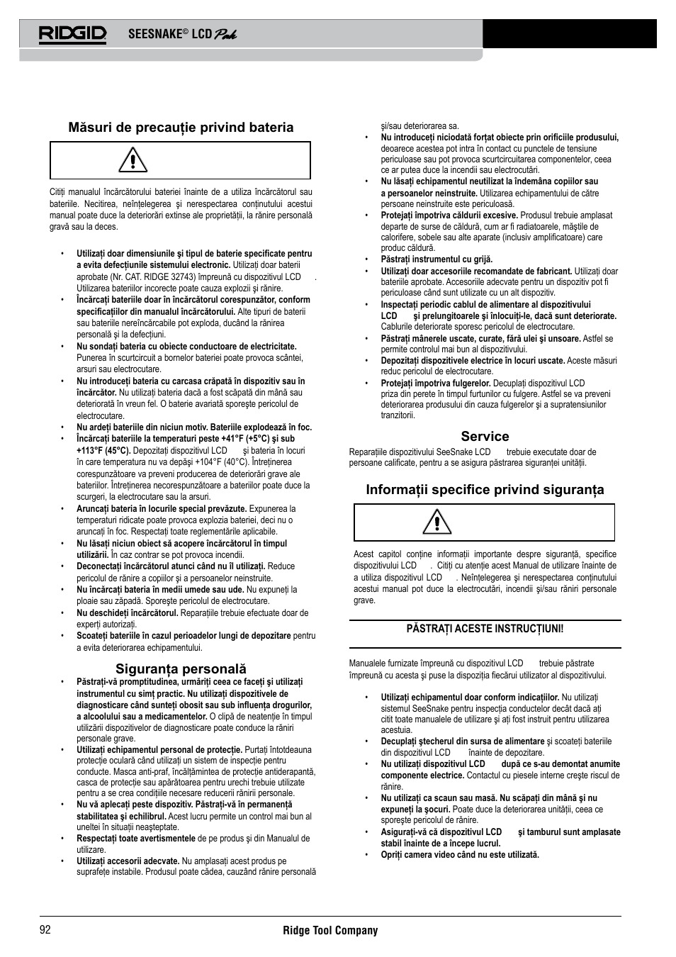 Măsuri de precauţie privind bateria, Siguranţa personală, Service | Informaţii specifice privind siguranţa, Seesnake | RIDGID Seesnake LCD Pak User Manual | Page 94 / 164