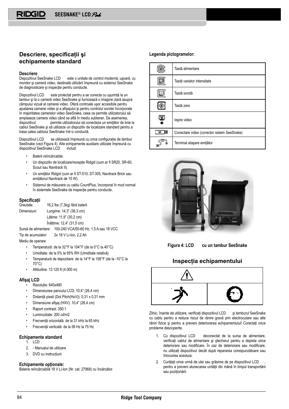 Descriere, specificaţii şi echipamente standard, Inspecţia echipamentului, Seesnake | RIDGID Seesnake LCD Pak User Manual | Page 96 / 164