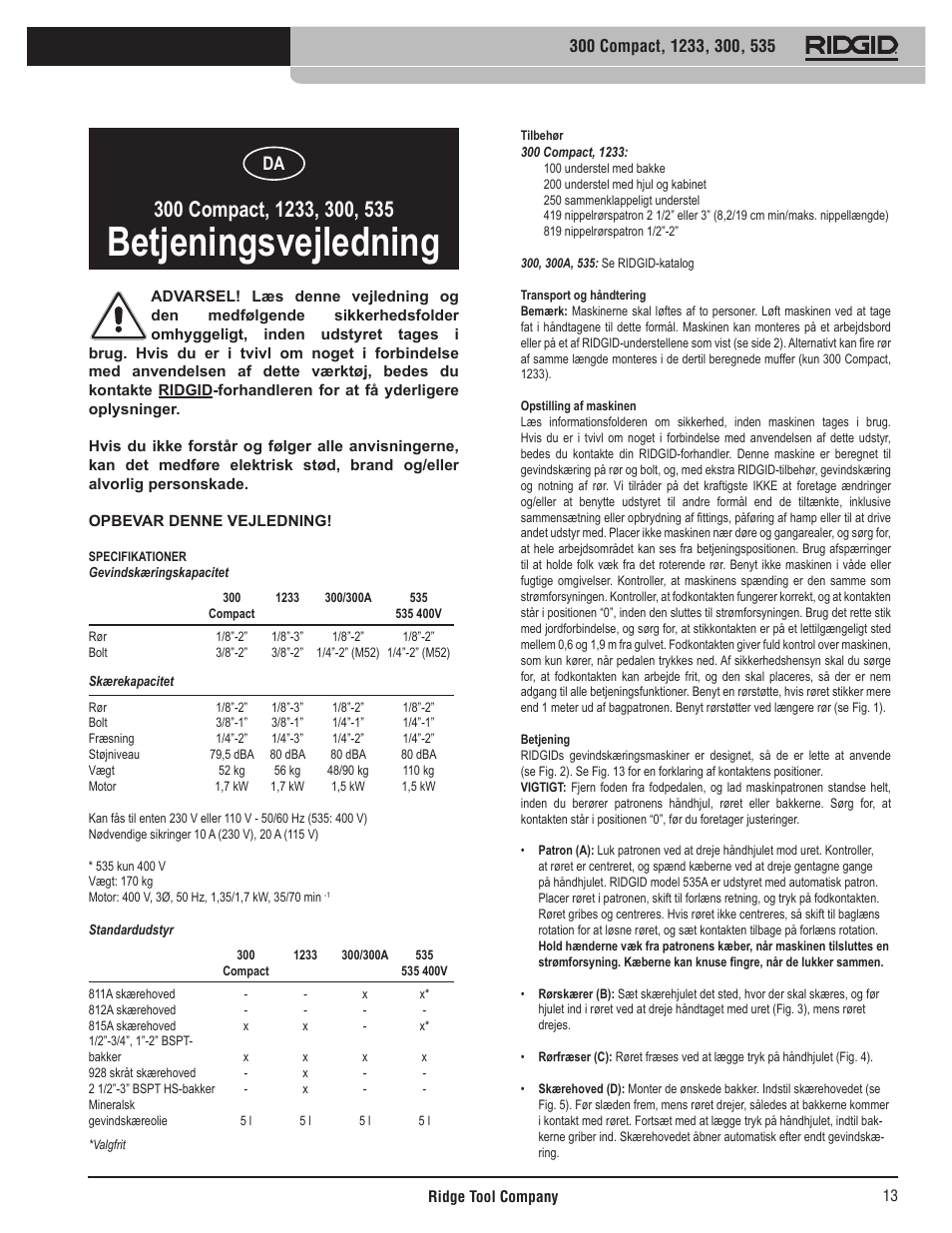 Betjeningsvejledning | RIDGID 535 User Manual | Page 14 / 35