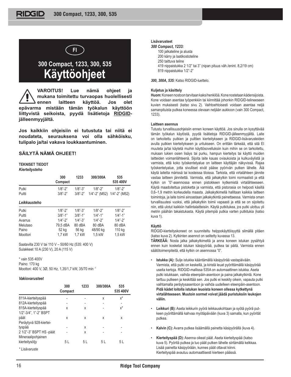 Käyttöohjeet | RIDGID 535 User Manual | Page 17 / 35