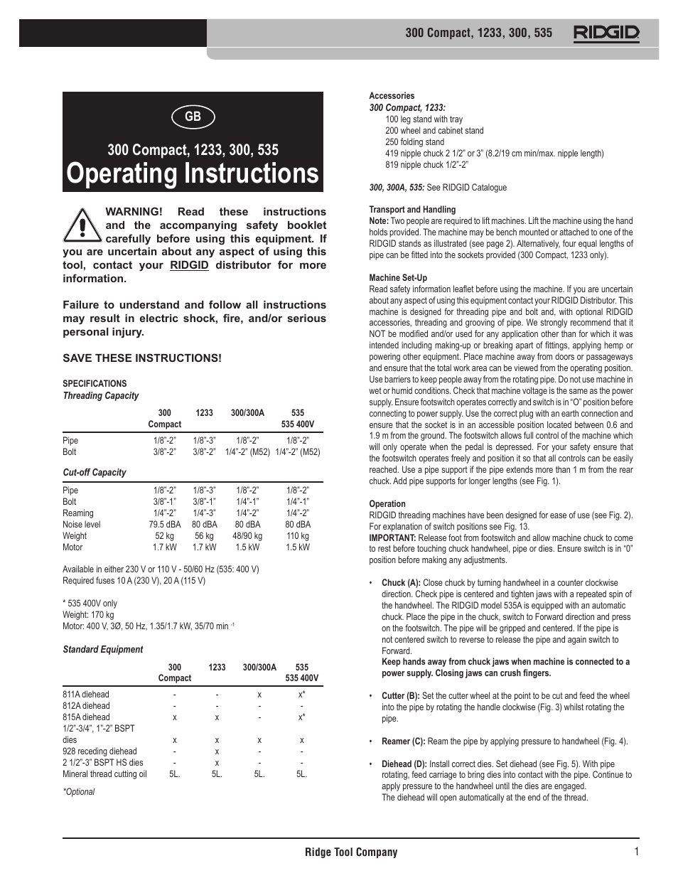 Operating instructions | RIDGID 535 User Manual | Page 2 / 35