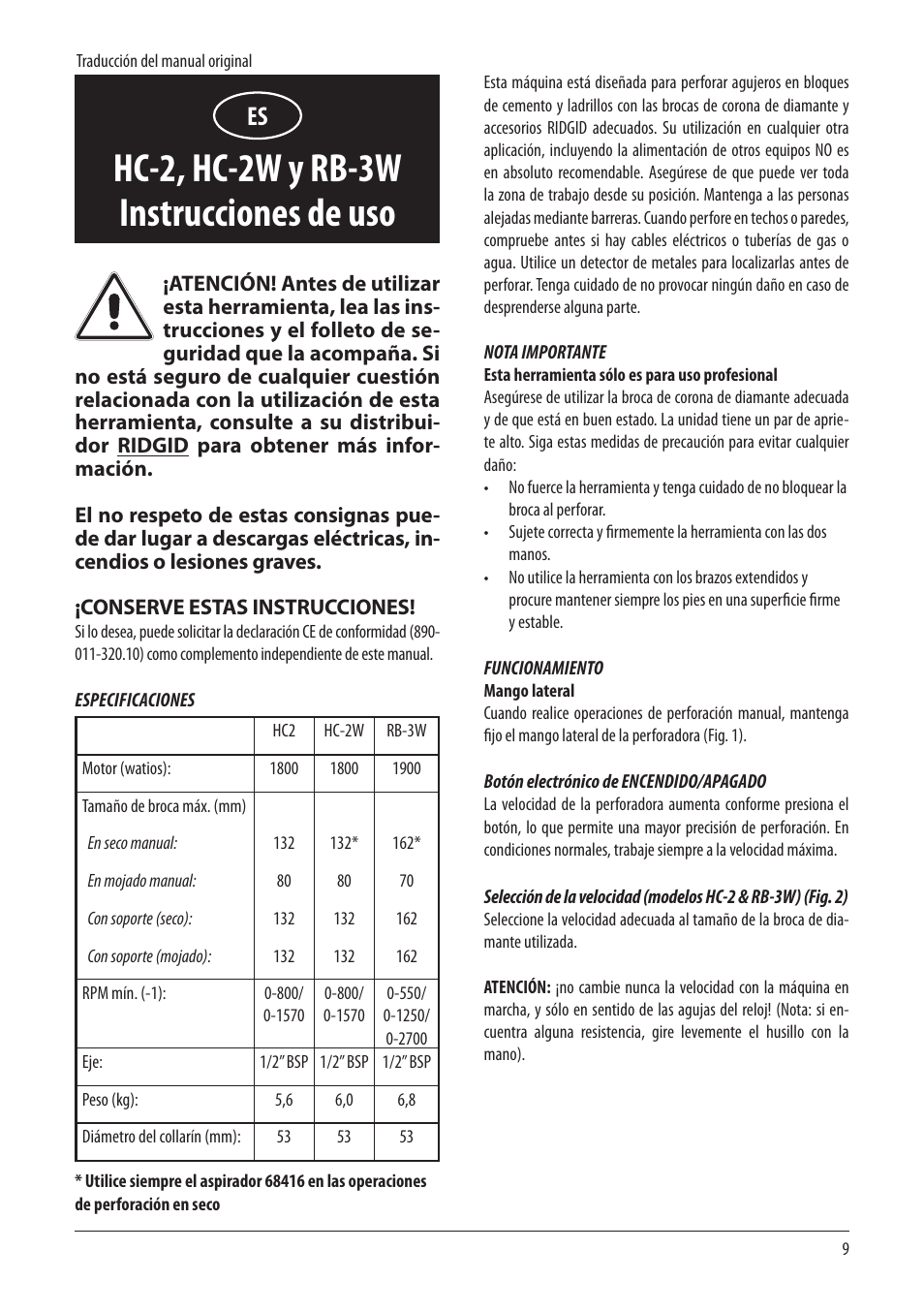 Hc-2, hc-2w y rb-3w instrucciones de uso | RIDGID RB-3W User Manual | Page 11 / 98