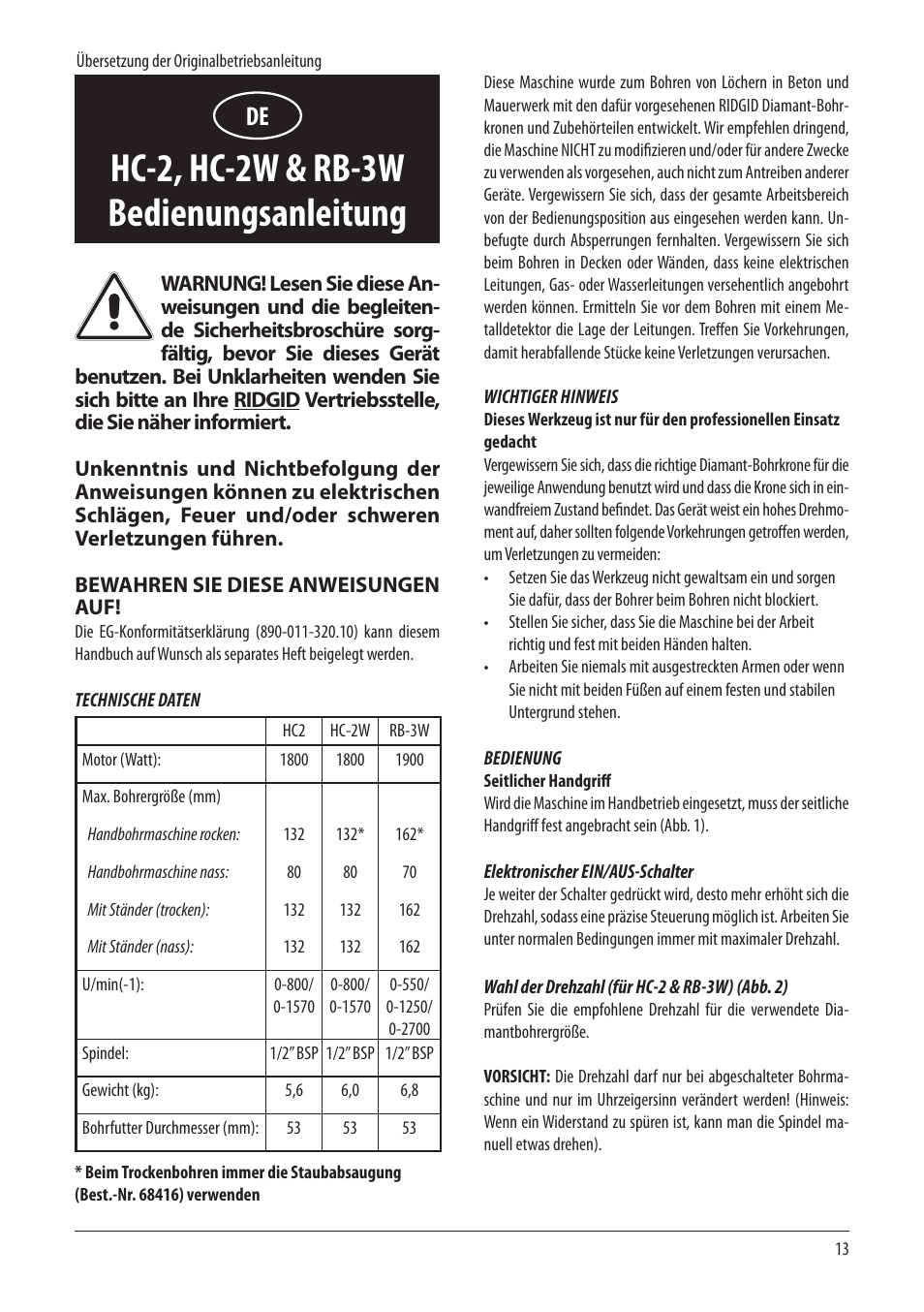 Hc-2, hc-2w & rb-3w bedienungsanleitung | RIDGID RB-3W User Manual | Page 15 / 98