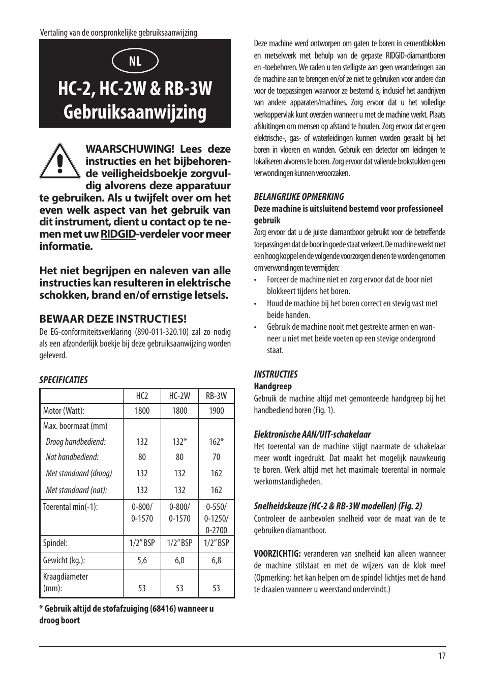 Hc-2, hc-2w & rb-3w gebruiksaanwijzing | RIDGID RB-3W User Manual | Page 19 / 98