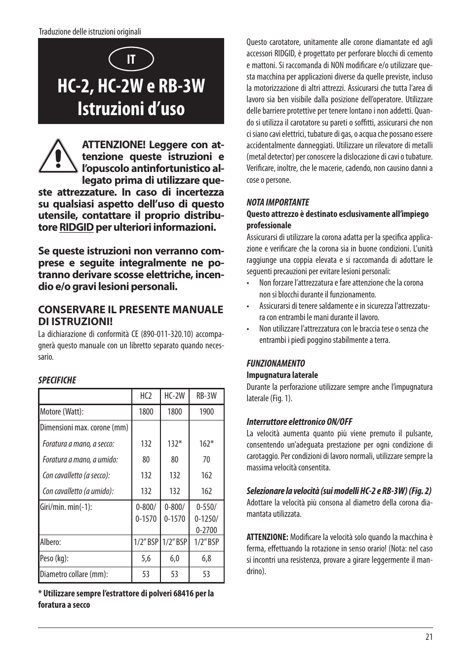 Hc-2, hc-2w e rb-3w istruzioni d’uso | RIDGID RB-3W User Manual | Page 23 / 98