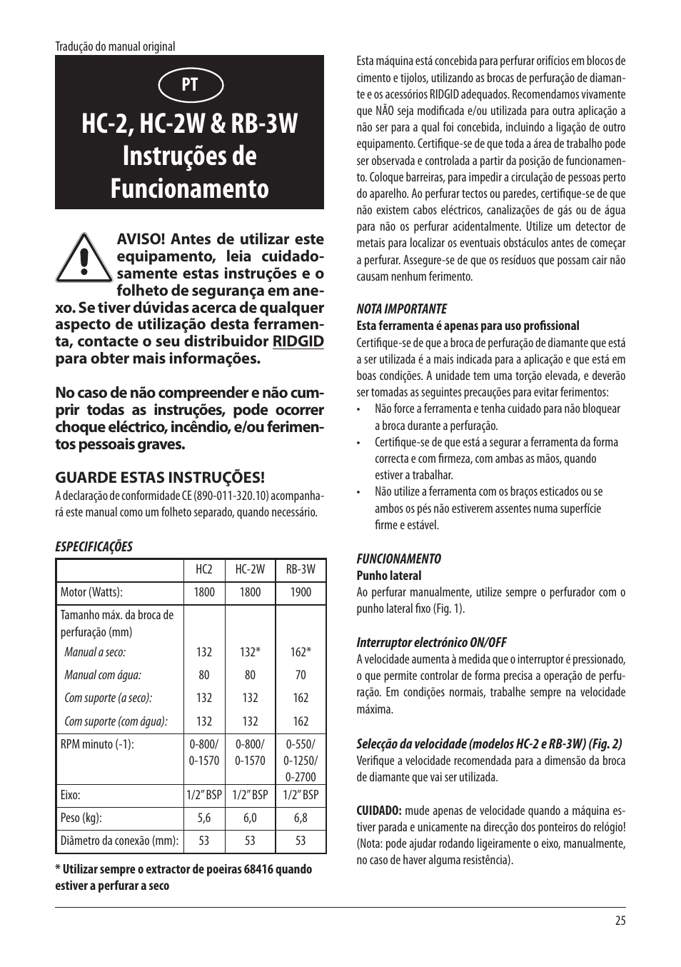 Hc-2, hc-2w & rb-3w instruções de funcionamento | RIDGID RB-3W User Manual | Page 27 / 98