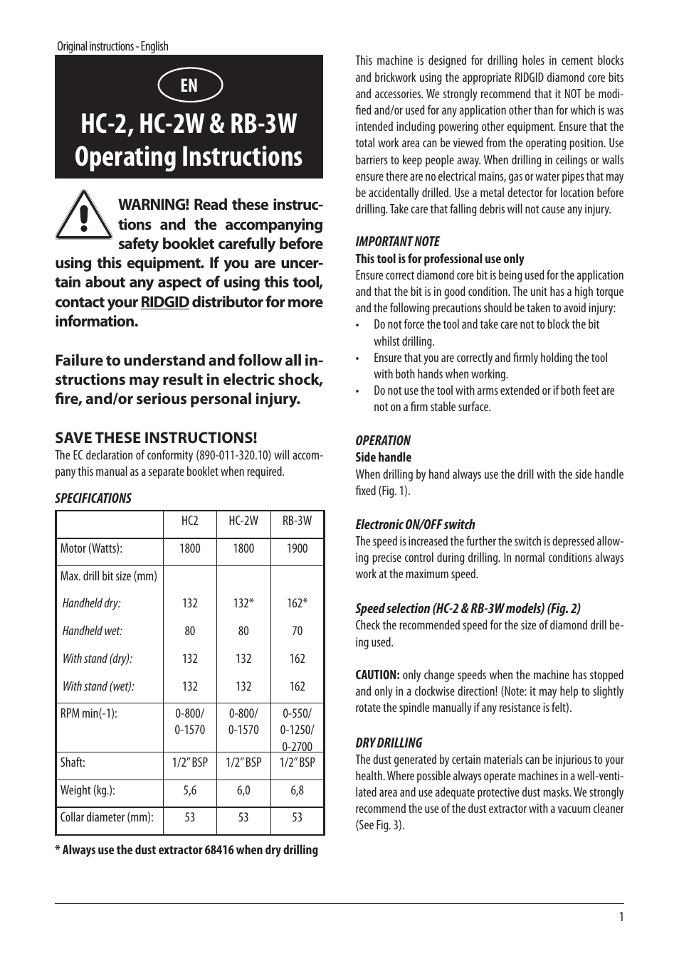 Hc-2, hc-2w & rb-3w operating instructions | RIDGID RB-3W User Manual | Page 3 / 98