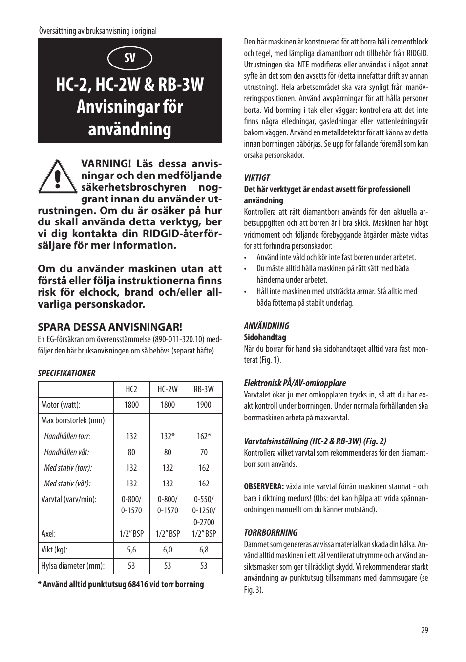 Hc-2, hc-2w & rb-3w anvisningar för användning | RIDGID RB-3W User Manual | Page 31 / 98