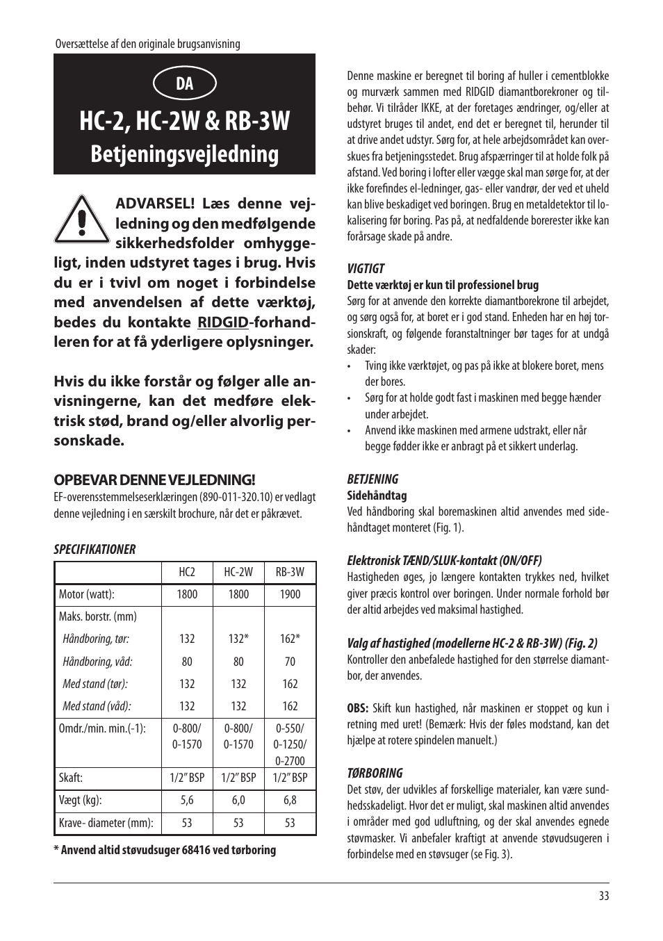 Hc-2, hc-2w & rb-3w, Betjeningsvejledning | RIDGID RB-3W User Manual | Page 35 / 98