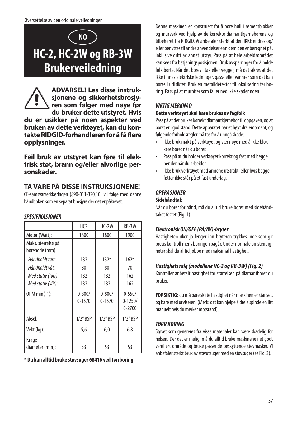 Hc-2, hc-2w og rb-3w brukerveiledning | RIDGID RB-3W User Manual | Page 39 / 98