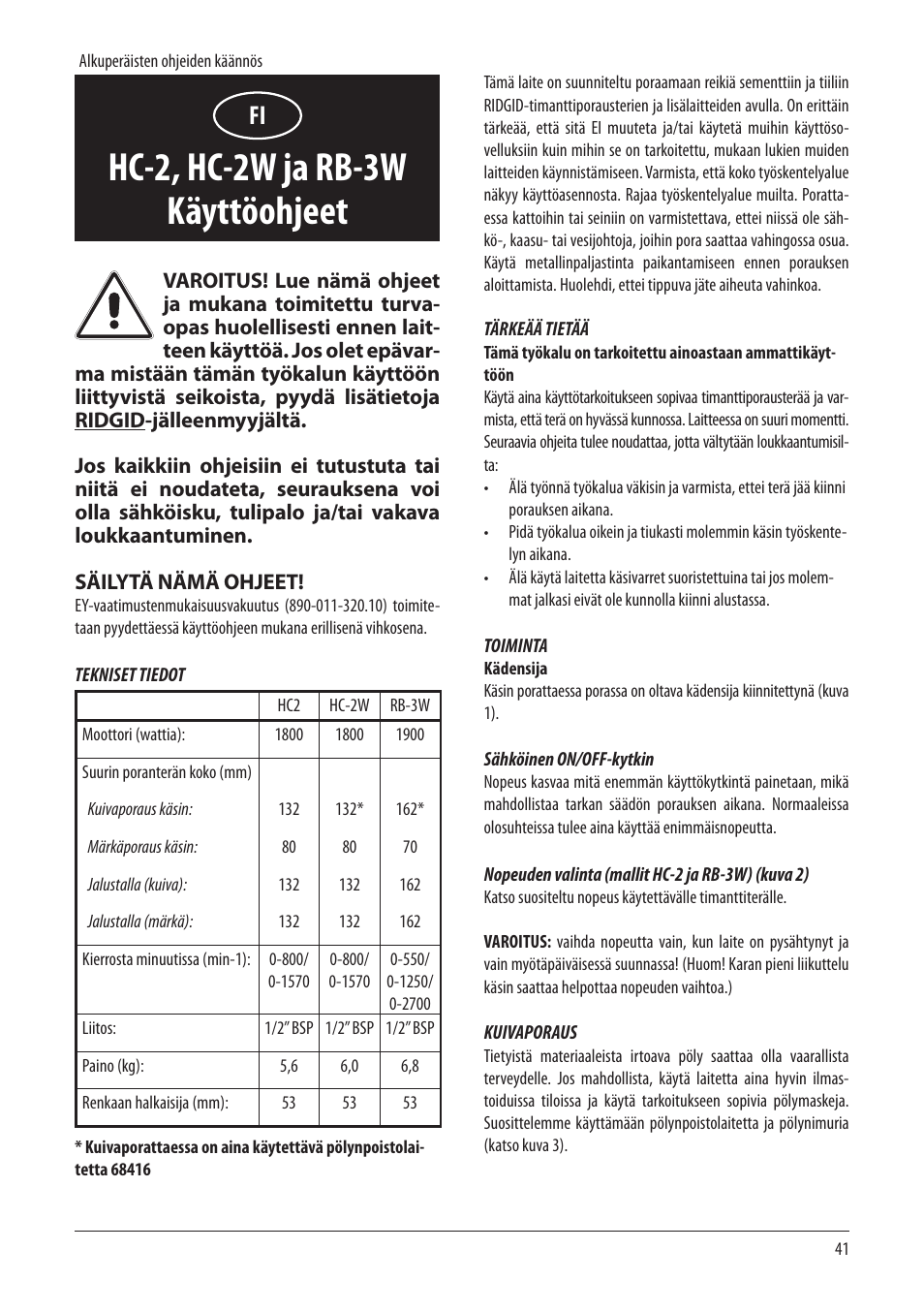 Hc-2, hc-2w ja rb-3w käyttöohjeet | RIDGID RB-3W User Manual | Page 43 / 98