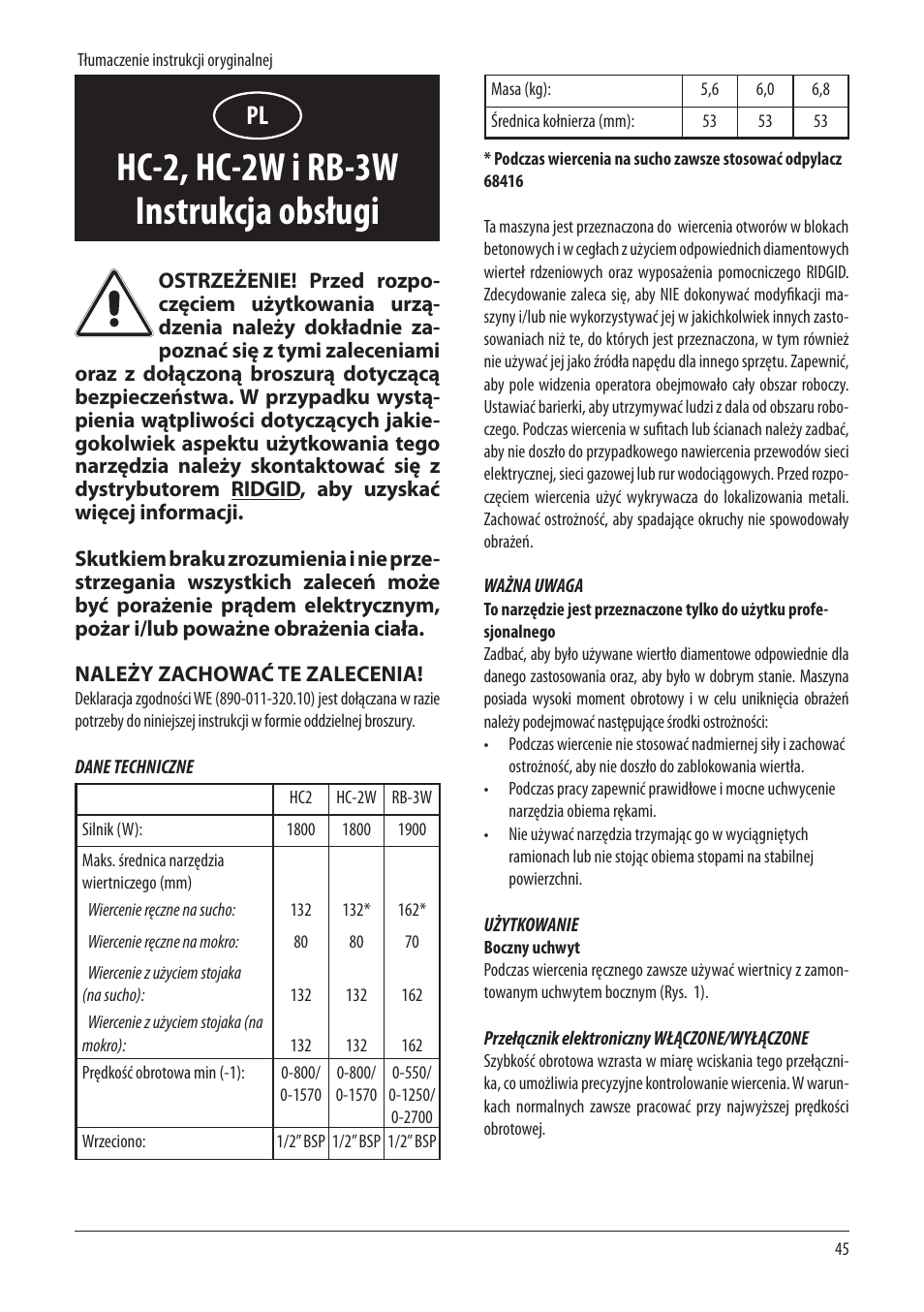 Hc-2, hc-2w i rb-3w instrukcja obsługi | RIDGID RB-3W User Manual | Page 47 / 98
