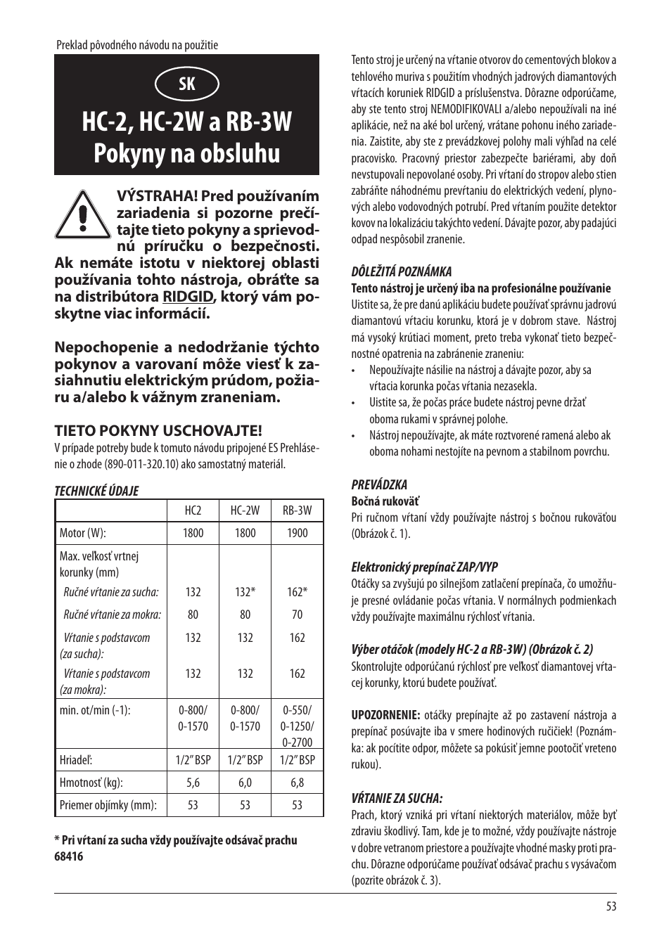 Hc-2, hc-2w a rb-3w pokyny na obsluhu | RIDGID RB-3W User Manual | Page 55 / 98