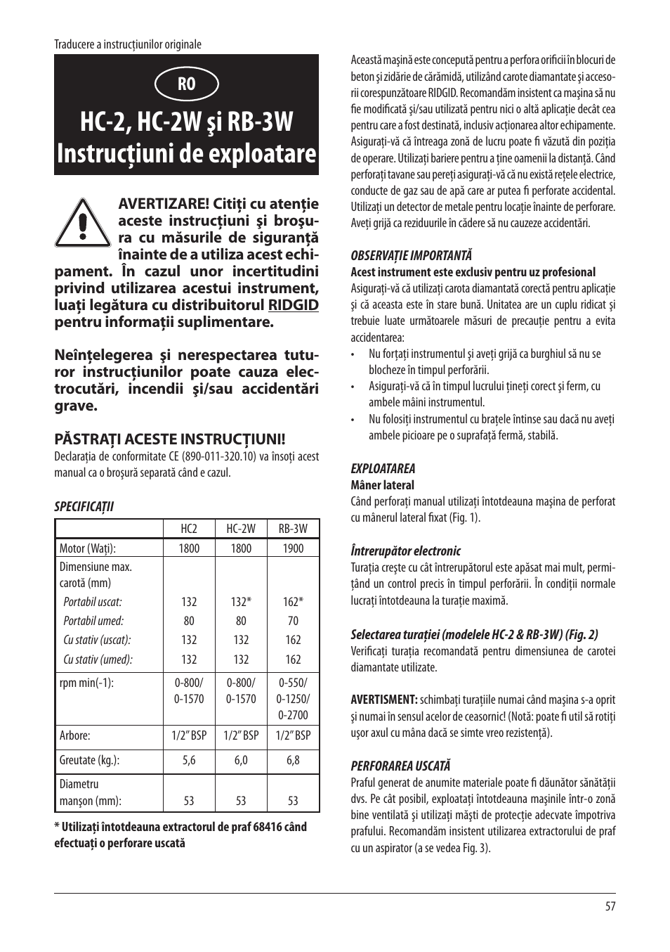 Hc-2, hc-2w şi rb-3w instrucţiuni de exploatare | RIDGID RB-3W User Manual | Page 59 / 98