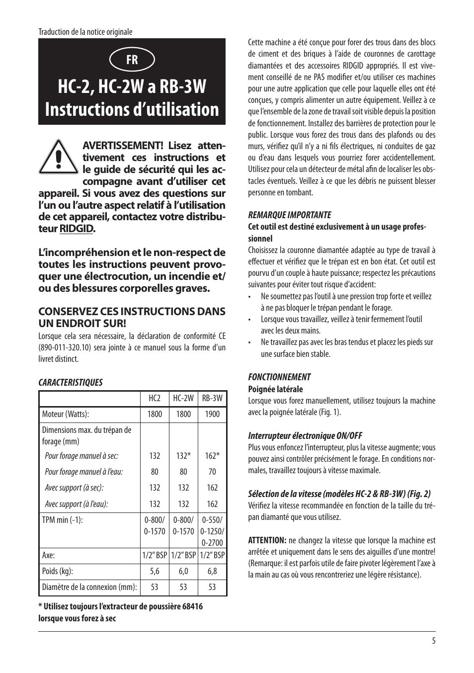 Hc-2, hc-2w a rb-3w instructions d’utilisation | RIDGID RB-3W User Manual | Page 7 / 98