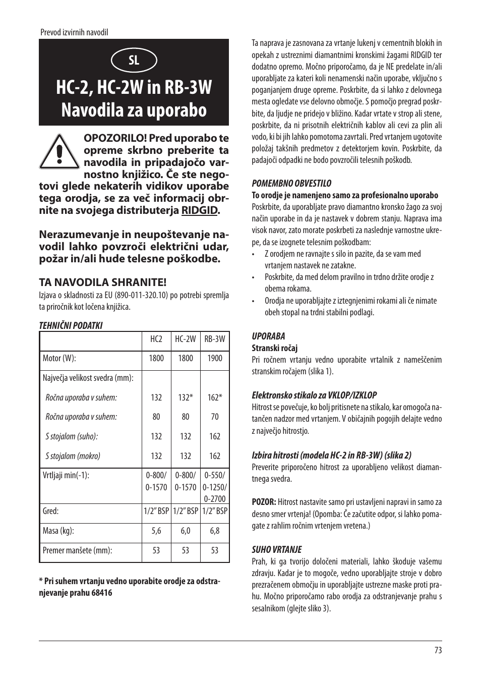 Hc-2, hc-2w in rb-3w navodila za uporabo | RIDGID RB-3W User Manual | Page 75 / 98